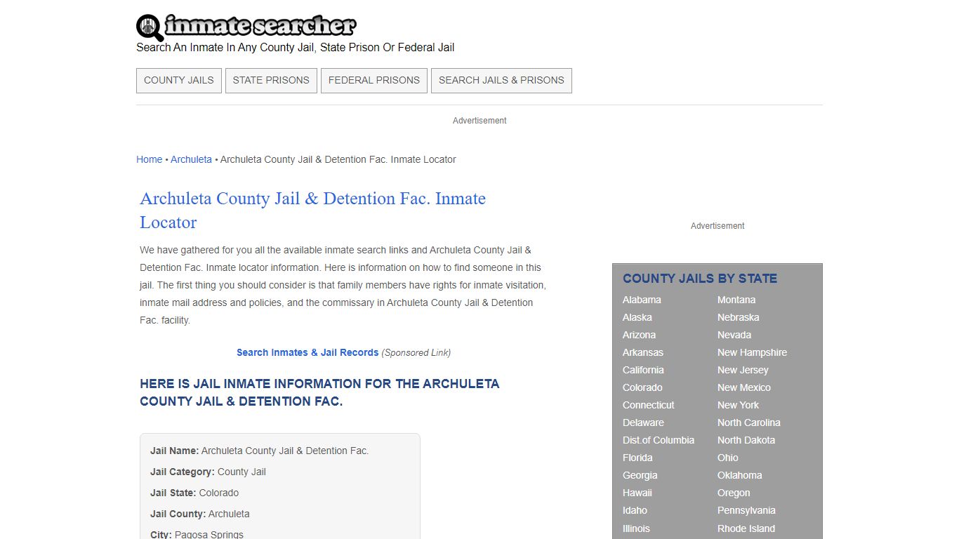 Archuleta County Jail & Detention Fac. Inmate Locator - Inmate Searcher